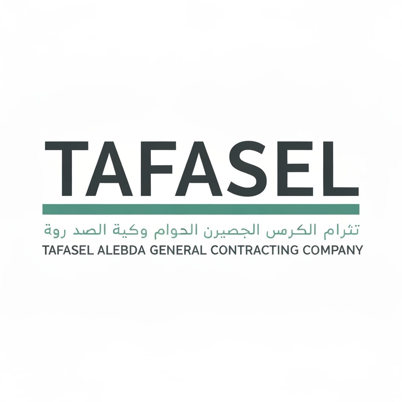 Minimalist and professional corporate logo for a general contracting company. The main focus is the word "TAFASEL" in a bold, wide, modern sans-serif typeface in dark charcoal gray. Below the text is a thick, solid horizontal divider line in a muted teal-green color. Underneath the line, two rows of smaller subtext are centered: the first row is clean Arabic typography "شركة تفاصيل الإبداع للمقاولات العامة", and the second row is the English text "TAFASEL ALEBDA GENERAL CONTRACTING COMPANY" in a condensed, uppercase font matching the teal color. The design is clean, flat vector, centered on a solid white background, emphasizing stability, precision, and modern architectural identity. High resolution, 4k, sharp edges.