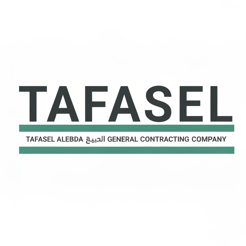 Minimalist and professional corporate logo for a general contracting company. The main focus is the word "TAFASEL" in a bold, wide, modern sans-serif typeface in dark charcoal gray. Below the text is a thick, solid horizontal divider line in a muted teal-green color. Underneath the line, two rows of smaller subtext are centered: the first row is clean Arabic typography "شركة تفاصيل الإبداع للمقاولات العامة", and the second row is the English text "TAFASEL ALEBDA GENERAL CONTRACTING COMPANY" in a condensed, uppercase font matching the teal color. The design is clean, flat vector, centered on a solid white background, emphasizing stability, precision, and modern architectural identity. High resolution, 4k, sharp edges.