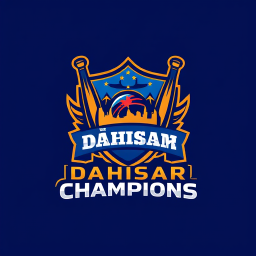 Professional logo design. Pictorial logo for a cricket team named "Dahisar Champions": A stylized bat and ball forming a shield, with a subtle outline of the Dahisar skyline integrated into the design, signifying local pride and championship spirit, Royal blue, gold, and white, Bold sans-serif font for "Dahisar Champions" with a slight metallic sheen, Modern, dynamic, and aspirational design, Incorporate sharp lines and energetic curves, with a subtle gradient on the gold elements, Solid navy blue background.