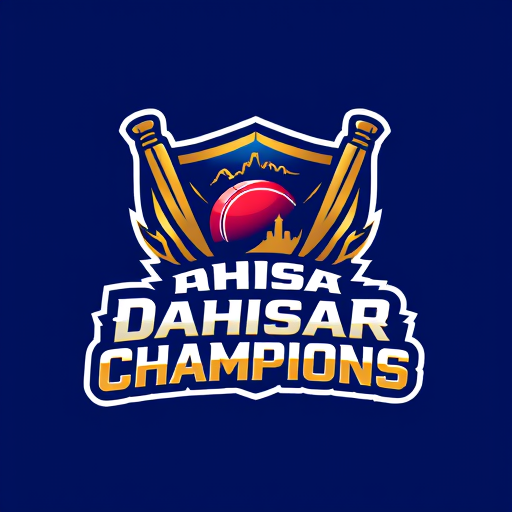 Professional logo design. Pictorial logo for a cricket team named "Dahisar Champions": A stylized bat and ball forming a shield, with a subtle outline of the Dahisar skyline integrated into the design, signifying local pride and championship spirit, Royal blue, gold, and white, Bold sans-serif font for "Dahisar Champions" with a slight metallic sheen, Modern, dynamic, and aspirational design, Incorporate sharp lines and energetic curves, with a subtle gradient on the gold elements, Solid navy blue background.