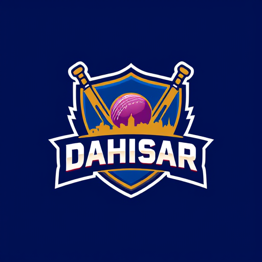 Professional logo design. Pictorial logo for a cricket team named "Dahisar Champions": A stylized bat and ball forming a shield, with a subtle outline of the Dahisar skyline integrated into the design, signifying local pride and championship spirit, Royal blue, gold, and white, Bold sans-serif font for "Dahisar Champions" with a slight metallic sheen, Modern, dynamic, and aspirational design, Incorporate sharp lines and energetic curves, with a subtle gradient on the gold elements, Solid navy blue background.
