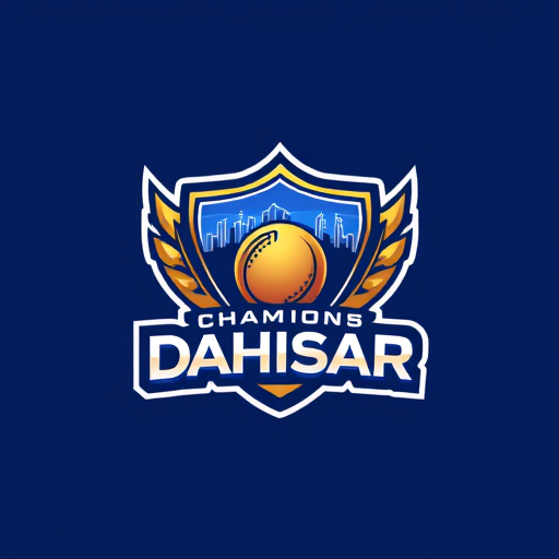 Professional logo design. Pictorial logo for a cricket team named "Dahisar Champions": A stylized bat and ball forming a shield, with a subtle outline of the Dahisar skyline integrated into the design, signifying local pride and championship spirit, Royal blue, gold, and white, Bold sans-serif font for "Dahisar Champions" with a slight metallic sheen, Modern, dynamic, and aspirational design, Incorporate sharp lines and energetic curves, with a subtle gradient on the gold elements, Solid navy blue background.