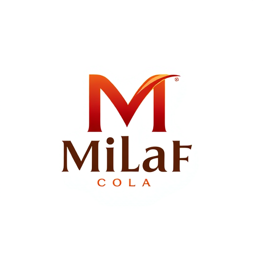 Professional logo design. Letterform logo for a refreshing beverage company named "Milaf Cola": a sleek, modern design featuring a stylized "M" that flows into a subtle curve, suggesting effervescence. Color palette: deep cola brown, bright crimson red, and a hint of metallic silver. Typography: The "Milaf Cola" text should use a custom, stylish "Great Vibes" font with elegant curves and subtle flourishes, feeling both premium and approachable. Design: inspired by art deco elegance and modern minimalism. Visual execution: The "M" should be the primary visual element, with the curve subtly integrated into the lettering of "Cola." Clean lines, smooth gradients, and a polished finish. Background type: white.