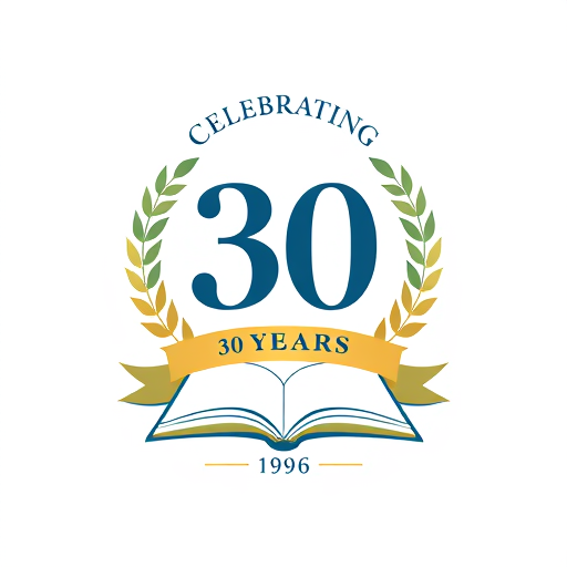 Professional logo design. "Design a clean, professional logo to celebrate 30 years of excellence in education. The logo should feature a bold, stylized '30' prominently in the center, surrounded by a wreath of leaves or laurel branches to symbolize achievement. Include an open book at the bottom of the design to represent education and knowledge. Use colors that evoke a sense of trust and achievement, such as deep blue, gold, or green. The text 'Celebrating 30 Years' should be included above the '30' in an elegant, readable font, and the year '1996' should be integrated at the bottom, either in a smaller font or as part of a ribbon/banner. The overall feel should be modern yet timeless, showcasing the institution's long-standing success and commitment to education."