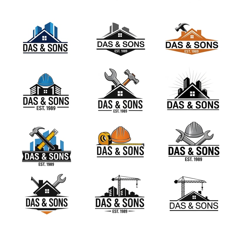 I want some logo references for builders. DAS & SONS is the company name. generate simple and elegant, and creative, and convey to audience. generate 10 different styles