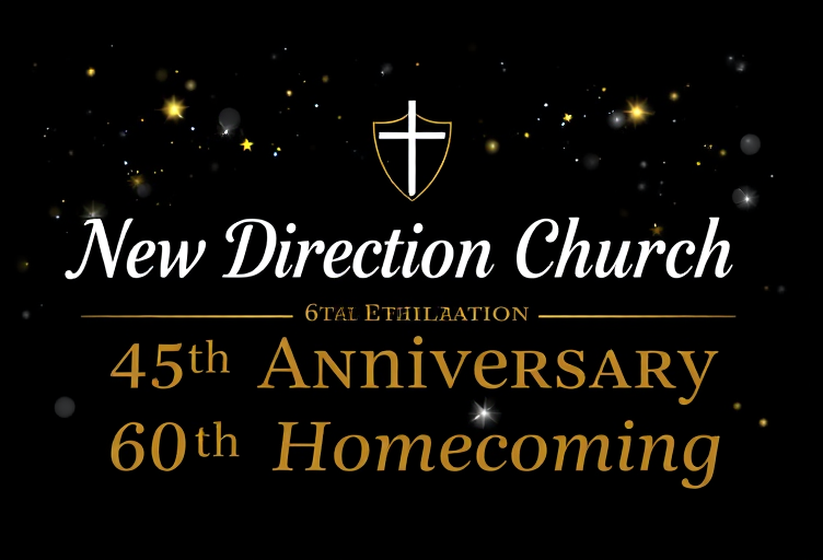 Professional logo design. Design a luxurious anniversary celebration banner for a milestone church event.Specifications:Resolution: Minimum 8K (7680 × 4320 px) or higher for crisp large-format printingBanner Size: 16 × 8 feet (aspect ratio must be maintained)Background: Elegant solid black base with a subtle gradient or depth effectTypography: Refined, highly legible fonts in white and gold for a timeless celebratory lookContent to Include:“New Direction Church”“45th Anniversary”“60th Homecoming”Layout: Step-and-repeat scatter pattern, well-spaced, ensuring visibility in event photographyAccents: Light dusting of sparkles or star effects across the banner—not limited to the edges—adding a festive but classy touchFonts: Use elegant serif or modern refined sans-serif; all text must be clear in photosLogo: Not available, so text will be the primary design focusDeliverables:Print-ready file (AI, EPS, or outlined-vector PDF)High-resolution PNG/JPG proof for quick approvalsAll fonts converted to outlines or includedGoal:A sophisticated, high-resolution anniversary banner that photographs beautifully, enhances the prestige of the milestone event, and remains sharp even on large-format printing.