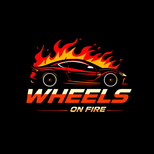 Professional logo design. Pictorial for a car dealership named "Wheels on Fire": A stylized flame integrated with a car silhouette, Red, orange, and black, Bold and aggressive sans-serif font. Design with a modern, dynamic, and slightly edgy influence, high-contrast shading and sharp lines, solid dark background. colorfull car cool fuituristic