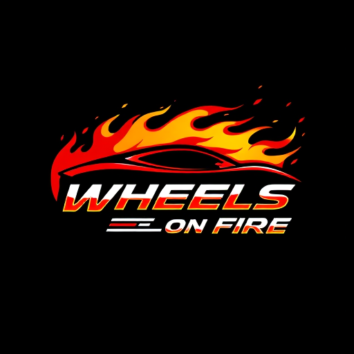 Professional logo design. Pictorial for a car dealership named "Wheels on Fire": A stylized flame integrated with a car silhouette, Red, orange, and black, Bold and aggressive sans-serif font. Design with a modern, dynamic, and slightly edgy influence, high-contrast shading and sharp lines, solid dark background. colorfull car cool fuituristic