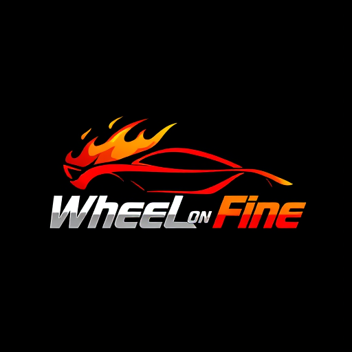 Professional logo design. Pictorial for a car dealership named "Wheels on Fire": A stylized flame integrated with a car silhouette, Red, orange, and black, Bold and aggressive sans-serif font. Design with a modern, dynamic, and slightly edgy influence, high-contrast shading and sharp lines, solid dark background.