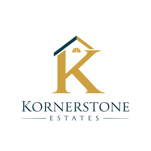 Professional logo design. "Create a professional and elegant logo for a real estate company named **Kornerstone Estates**. The design should focus on the letter **K** as the main element, incorporating real estate elements like a house roof, window, or structure within the letter. Use clean lines, modern yet classic style, and a strong, trustworthy color scheme (such as gold, brown, navy, or dark green). The company name 'Kornerstone Estates' should appear below the K in a professional serif font."* 