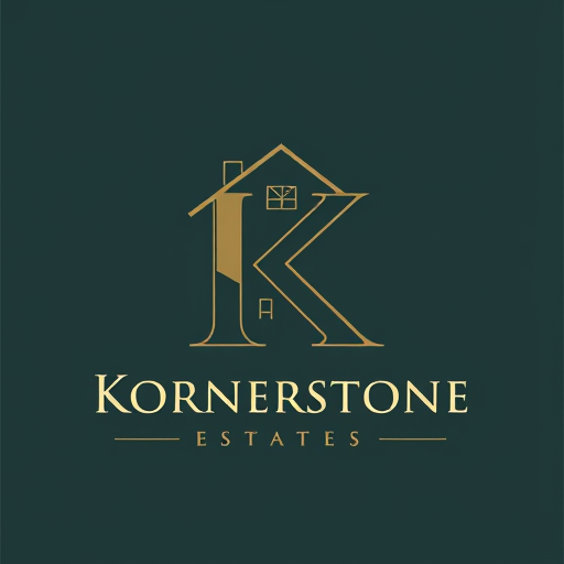 Professional logo design. "Create a professional and elegant logo for a real estate company named **Kornerstone Estates**. The design should focus on the letter **K** as the main element, incorporating real estate elements like a house roof, window, or structure within the letter. Use clean lines, modern yet classic style, and a strong, trustworthy color scheme (such as gold, brown, navy, or dark green). The company name 'Kornerstone Estates' should appear below the K in a professional serif font."* 