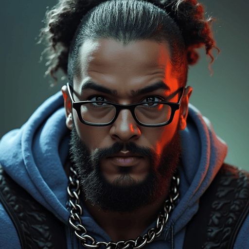  I need a pciture of a dude with a goatie and glasses an a chain around his neck. in the background is a controller