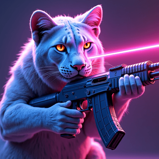  make an ak-47 with the face of a cat but it shoots laser out of the eyes and everything ist blue purple in a cyberpink style. the aK is in the hand of a lion