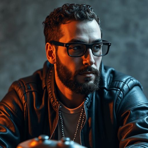  I need a pciture of a dude with a goatie and glasses an a chain around his neck. in the background is a controller