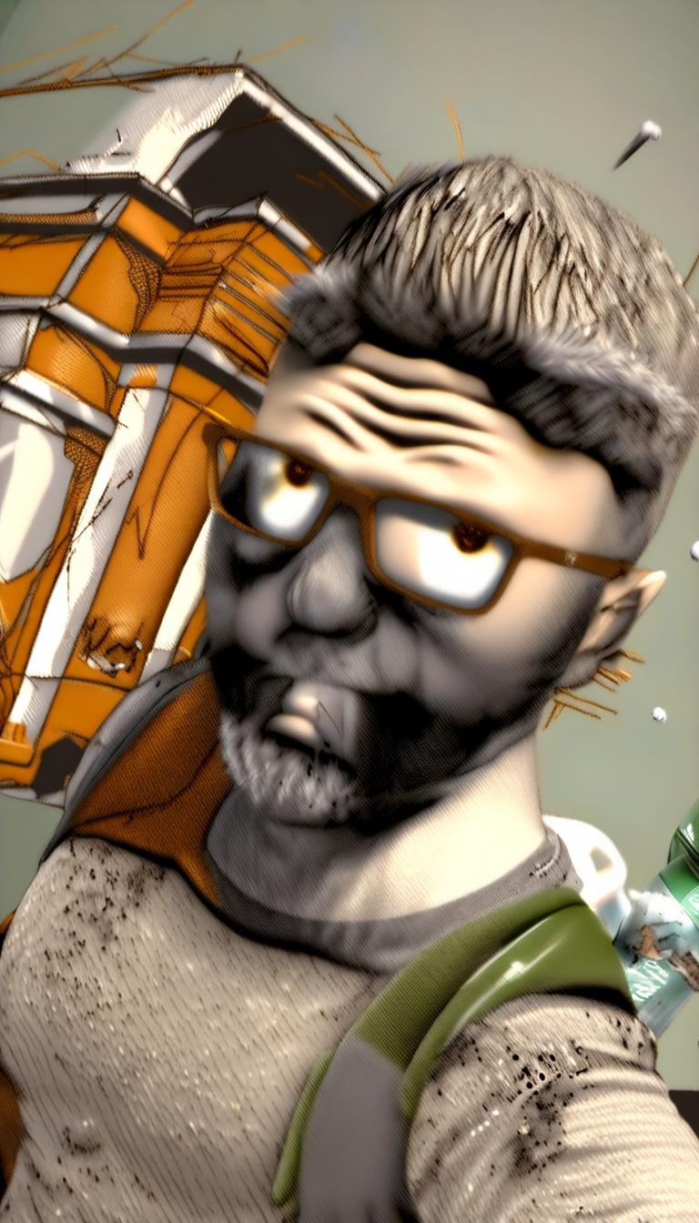 Erstelle eine Anime Figur, welche wie ich aussieht. Die Figur soll in der einen Hand ein Bier halb beim Trinken verschütten und in der anderen Hand eine M4A1-S aus Counter Strike mit der Printstream-Tarnung