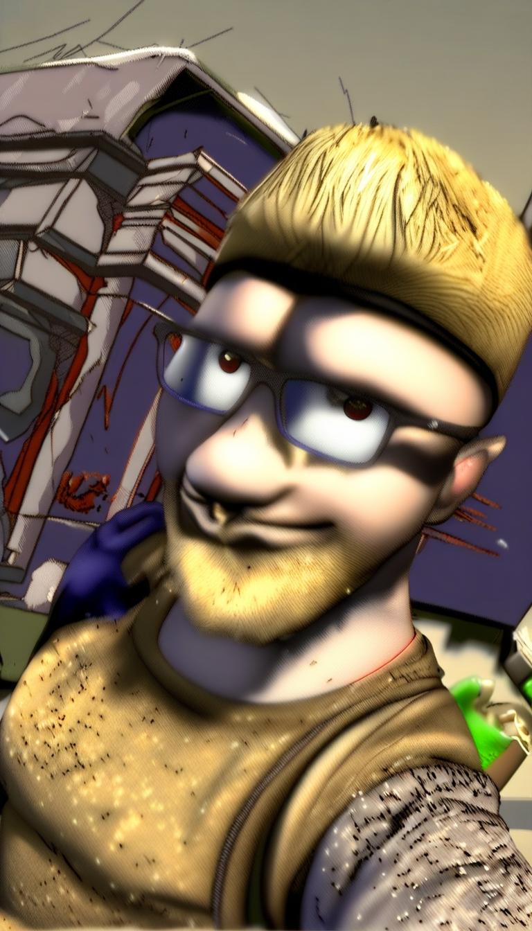 Erstelle eine Anime Figur, welche wie ich aussieht. Die Figur soll in der einen Hand ein Bier halb beim Trinken verschütten und in der anderen Hand eine M4A1-S aus Counter Strike mit der Printstream-Tarnung