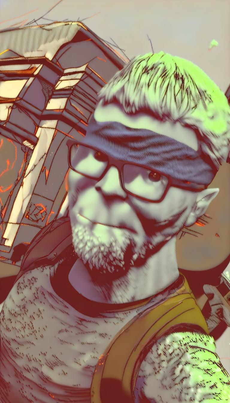 Erstelle eine Anime Figur, welche wie ich aussieht. Die Figur soll in der einen Hand ein Bier halb beim Trinken verschütten und in der anderen Hand eine M4A1-S aus Counter Strike mit der Printstream-Tarnung