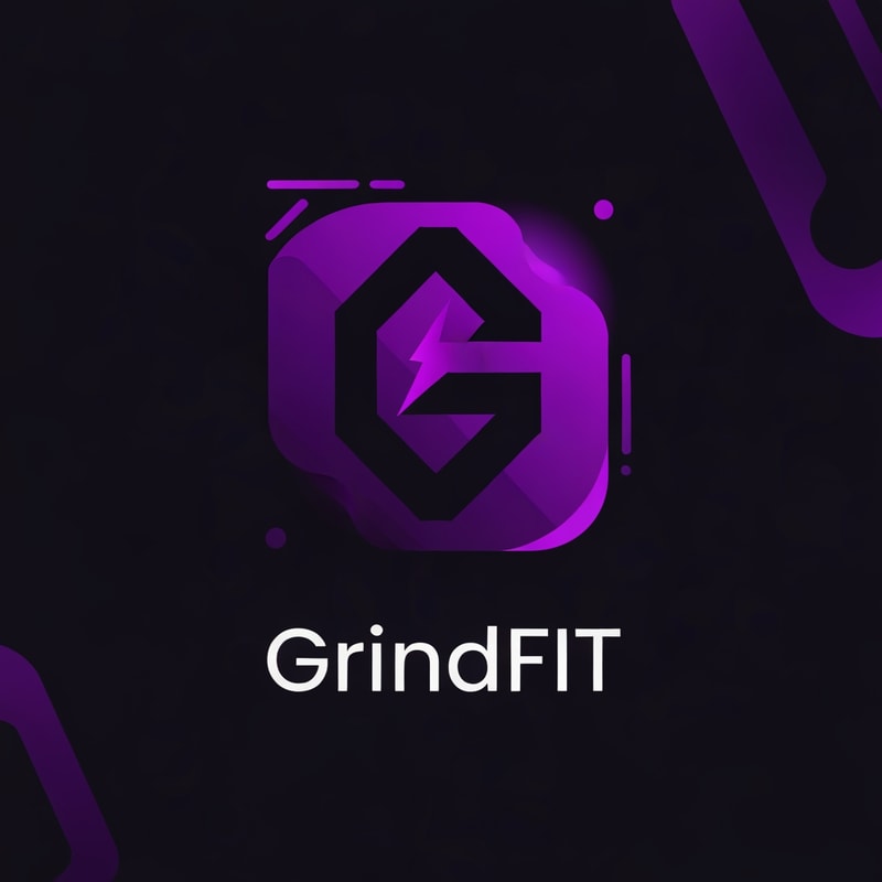 Create a modern, minimalist logo for a fitness app called GrindFit. Design a strong geometric icon representing strength and movement, such as a stylized ‘G’, abstract dumbbell, or dynamic lightning-shape symbol. Use a bold, high-contrast color palette of deep black and vivid purple (#6A0DAD–#8B2CF5). Include smooth gradients or neon-glow accents for a sleek tech-fitness look. The typography should be clean, sharp, and modern sans-serif, emphasizing power and discipline. The logo must look excellent as a mobile app icon and on dark backgrounds.”