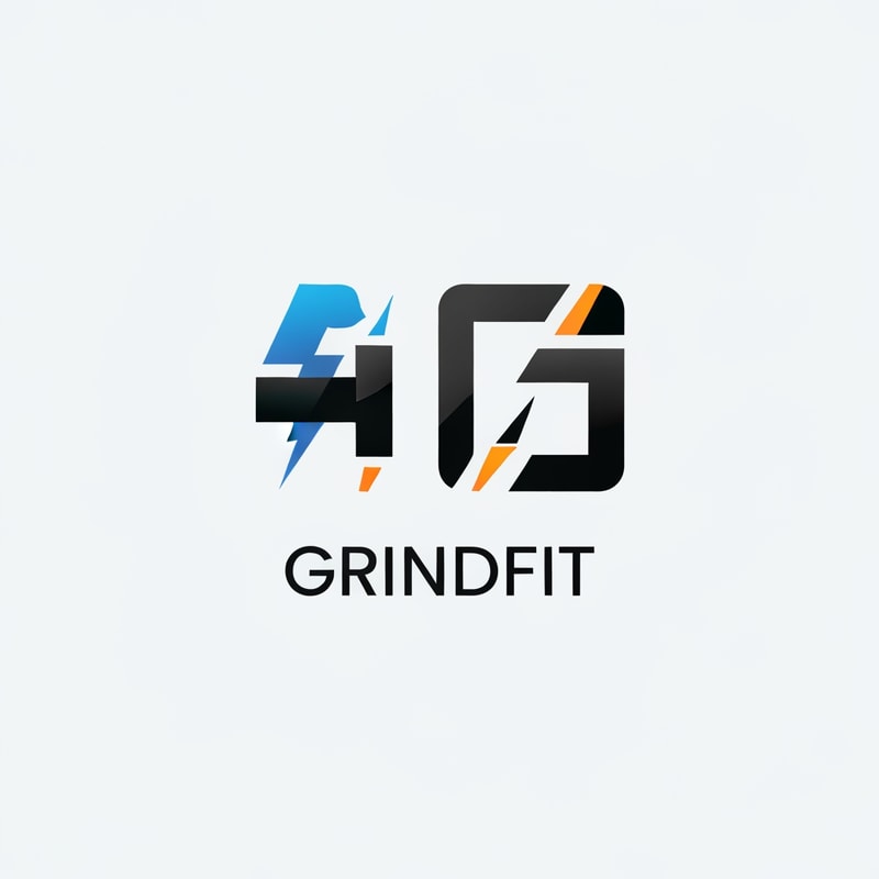 “Create a modern, minimalist logo for a fitness app called GrindFit. The design should combine strength and motion, featuring a clean geometric icon such as a stylized dumbbell, bolt, or abstract ‘G’ symbol. Use a bold, energetic look suitable for a mobile app icon. Color palette: black, charcoal, electric blue, or neon orange. The style should be sleek, sharp, and high-contrast with smooth gradients or flat design. Include the text ‘GrindFit’ in a strong, modern sans-serif font. The overall vibe should represent power, discipline, and high performance.”
