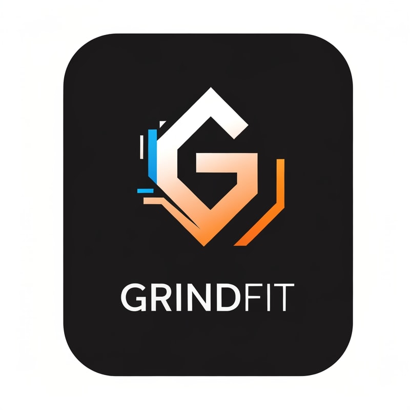 “Create a modern, minimalist logo for a fitness app called GrindFit. The design should combine strength and motion, featuring a clean geometric icon such as a stylized dumbbell, bolt, or abstract ‘G’ symbol. Use a bold, energetic look suitable for a mobile app icon. Color palette: black, charcoal, electric blue, or neon orange. The style should be sleek, sharp, and high-contrast with smooth gradients or flat design. Include the text ‘GrindFit’ in a strong, modern sans-serif font. The overall vibe should represent power, discipline, and high performance.”