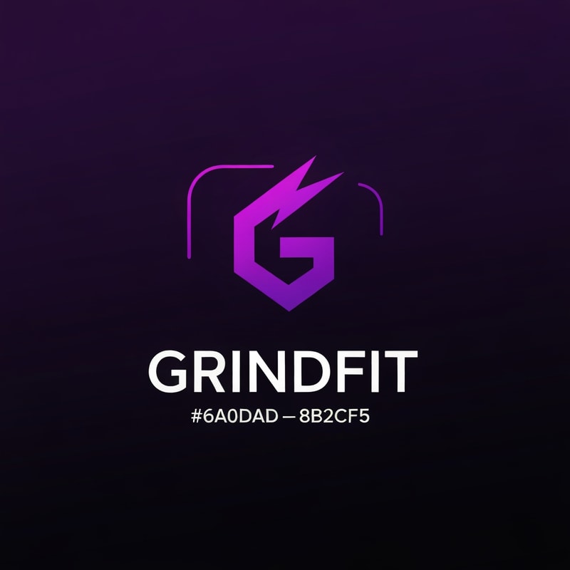 Create a modern, minimalist logo for a fitness app called GrindFit. Design a strong geometric icon representing strength and movement, such as a stylized ‘G’, abstract dumbbell, or dynamic lightning-shape symbol. Use a bold, high-contrast color palette of deep black and vivid purple (#6A0DAD–#8B2CF5). Include smooth gradients or neon-glow accents for a sleek tech-fitness look. The typography should be clean, sharp, and modern sans-serif, emphasizing power and discipline. The logo must look excellent as a mobile app icon and on dark backgrounds.”