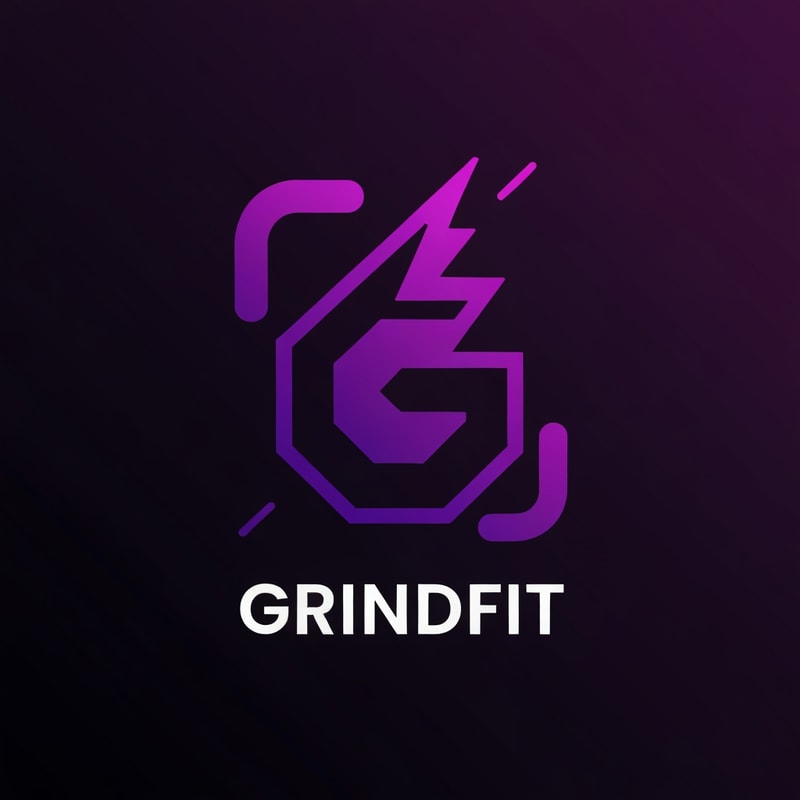 Create a modern, minimalist logo for a fitness app called GrindFit. Design a strong geometric icon representing strength and movement, such as a stylized ‘G’, abstract dumbbell, or dynamic lightning-shape symbol. Use a bold, high-contrast color palette of deep black and vivid purple (#6A0DAD–#8B2CF5). Include smooth gradients or neon-glow accents for a sleek tech-fitness look. The typography should be clean, sharp, and modern sans-serif, emphasizing power and discipline. The logo must look excellent as a mobile app icon and on dark backgrounds.”