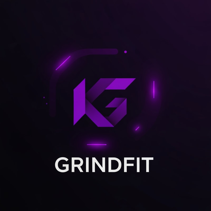 Create a modern, minimalist logo for a fitness app called GrindFit. Design a strong geometric icon representing strength and movement, such as a stylized ‘G’, abstract dumbbell, or dynamic lightning-shape symbol. Use a bold, high-contrast color palette of deep black and vivid purple (#6A0DAD–#8B2CF5). Include smooth gradients or neon-glow accents for a sleek tech-fitness look. The typography should be clean, sharp, and modern sans-serif, emphasizing power and discipline. The logo must look excellent as a mobile app icon and on dark backgrounds.”