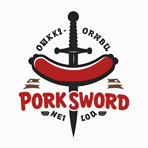Professional logo design. Create a logo for a brand called pork sword and it should have a sausage sword in the logo text