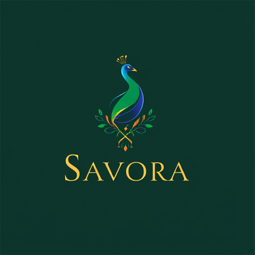 Professional logo design. Design a premium logo for a restaurant brand named Savora. The mascot should be a stylized peacock where the tail feathers are reimagined as spices and herbs (star anise, basil leaves, cloves, chili, peppercorns). The peacock should look elegant, minimal, and luxurious — not cartoonish. Use a deep emerald green base with royal blue accents and gold highlights for a refined, premium look. The wordmark Savora should be in an elegant serif font (like Didot or Playfair Display), slightly spaced for sophistication. Create variations: a full logo with peacock and wordmark, and a simplified icon version with spice-inspired feather motifs. The overall style should feel artistic, premium, and timeless, suitable for a fine dining restaurant.