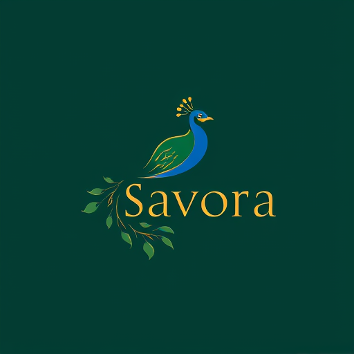 Professional logo design. Design a premium logo for a restaurant brand named Savora. The mascot should be a stylized peacock where the tail feathers are reimagined as spices and herbs (star anise, basil leaves, cloves, chili, peppercorns). The peacock should look elegant, minimal, and luxurious — not cartoonish. Use a deep emerald green base with royal blue accents and gold highlights for a refined, premium look. The wordmark Savora should be in an elegant serif font (like Didot or Playfair Display), slightly spaced for sophistication. Create variations: a full logo with peacock and wordmark, and a simplified icon version with spice-inspired feather motifs. The overall style should feel artistic, premium, and timeless, suitable for a fine dining restaurant.