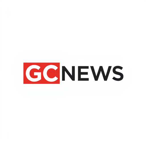 Professional logo design. Minimalist logo for a news company named "GC NEWS": clean lines and modern typography, bold red and white color palette, sans-serif font. Design with a contemporary and professional style direction, featuring an abstract representation of news dissemination, and a simple, flat background.