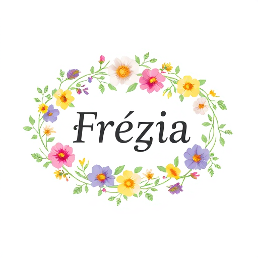 Professional logo design. An oval-shaped vine with various meadow flowers placed on it, with the word “Frézia” written in the center.
