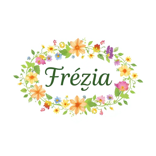 Professional logo design. An oval-shaped vine with various meadow flowers placed on it, with the word “Frézia” written in the center.