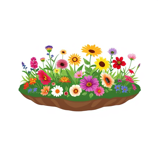 Professional logo design. a planting island runs in a horizontal oval shape, on which various flowers of different colours and types are arranged in different sizes