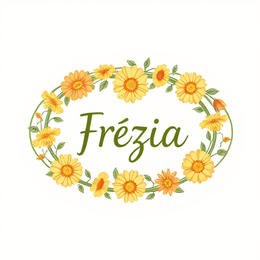 Professional logo design.  a planting vine runs in a horizontal oval circle, on which various flowers in golden colours and are arranged in different sizes, frézia wrote in middle
