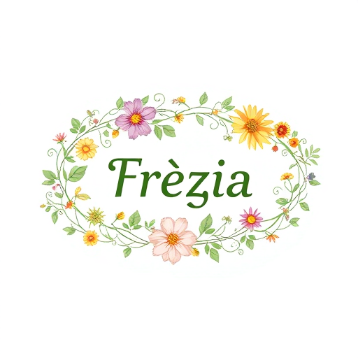 Professional logo design. An oval-shaped vine with various meadow flowers placed on it, with the word “Frézia” written in the center.