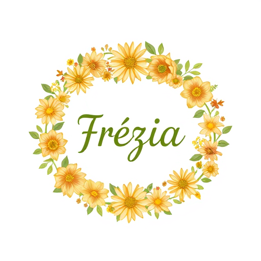 Professional logo design. a planting vine runs in a horizontal oval circle, on which various flowers in golden colours and types are arranged in different sizes, frézia wrote in middle