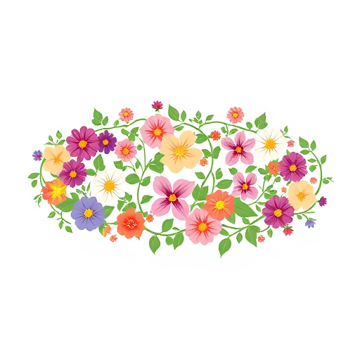 Professional logo design.  a planting vine runs in a horizontal oval shape, on which various flowers of different colours and types are arranged in different sizes