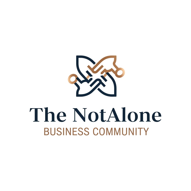 The NotAlone Business Community requires a clean, timeless, and elegant logo that evokes deep trust and professional credibility through a minimalist visual identity. This brand mark should represent a supportive and authentic human space where professional knowledge, shared experience, and empathy converge to provide the hope of a fresh start. We are seeking a sophisticated solution, preferably using a refined line-art, which functions perfectly as a standalone symbol on both digital and print platforms. The aesthetic must remain grounded and mature, utilizing a color palette of deep navy blue, bronze, and subtle metallic tones to reinforce its serious and high-end character. It is essential to avoid all common clichés such as handshakes, hearts, puzzle pieces, or literal human silhouettes, as well as typical corporate tropes like briefcases, ladders, or office equipment. The final design should steer clear of the generic look of startups or coaching services, ensuring it does not appear overly playful, medical, or religious, but instead reflects a truly authentic and professional unity.