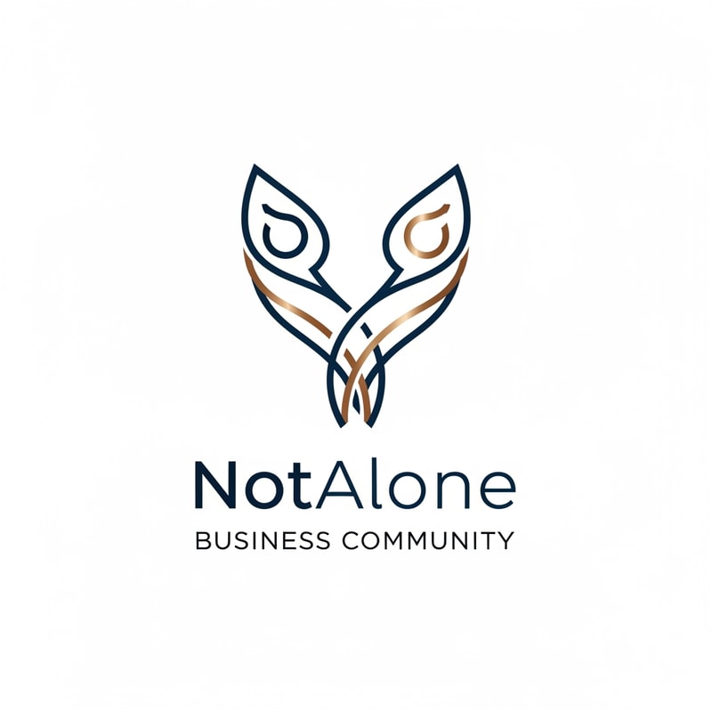 The NotAlone Business Community requires a clean, timeless, and elegant logo that evokes deep trust and professional credibility through a minimalist visual identity. This brand mark should represent a supportive and authentic human space where professional knowledge, shared experience, and empathy converge to provide the hope of a fresh start. We are seeking a sophisticated solution, preferably using a refined line-art approach similar to the branding of the Maternity private clinic, which functions perfectly as a standalone symbol on both digital and print platforms. The aesthetic must remain grounded and mature, utilizing a color palette of deep navy blue, bronze, and subtle metallic tones to reinforce its serious and high-end character. It is essential to avoid all common clichés such as handshakes, hearts, puzzle pieces, or literal human silhouettes, as well as typical corporate tropes like briefcases, ladders, or office equipment. The final design should steer clear of the generic look of startups or coaching services, ensuring it does not appear overly playful, medical, or religious, but instead reflects a truly authentic and professional unity.