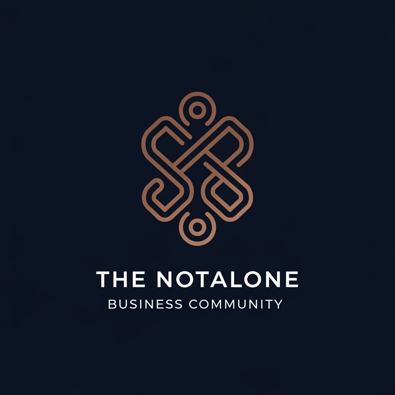 The NotAlone Business Community requires a clean, timeless, and elegant logo that evokes deep trust and professional credibility through a minimalist visual identity. This brand mark should represent a supportive and authentic human space where professional knowledge, shared experience, and empathy converge to provide the hope of a fresh start. We are seeking a sophisticated solution, preferably using a refined line-art, which functions perfectly as a standalone symbol on both digital and print platforms. The aesthetic must remain grounded and mature, utilizing a color palette of deep navy blue, bronze, and subtle metallic tones to reinforce its serious and high-end character. It is essential to avoid all common clichés such as handshakes, hearts, puzzle pieces, or literal human silhouettes, as well as typical corporate tropes like briefcases, ladders, or office equipment. The final design should steer clear of the generic look of startups or coaching services, ensuring it does not appear overly playful, medical, or religious, but instead reflects a truly authentic and professional unity.