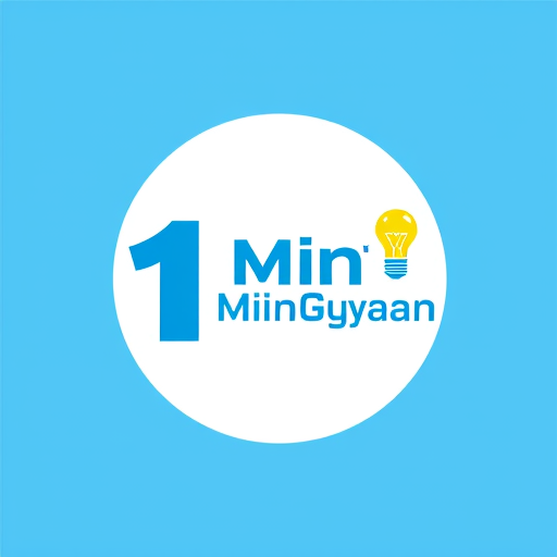 Professional logo design. Create a modern, minimalistic logo for a YouTube Shorts channel named '1MinGyaan'. The design should feature a bold number '1' stylized like a clock hand or stopwatch. Next to it, include the word 'MinGyaan' in clean, bold sans-serif font (like Montserrat or Poppins). Add a glowing yellow light bulb icon above or beside the word 'Gyaan' to represent knowledge. Use a bright color palette with blue, yellow, and white on a simple background. The layout should be circular or square, suitable for a YouTube profile picture. The logo must look clean, professional, and readable on small screens.