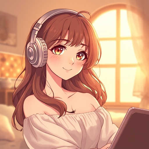 Professional logo design. Illustrate an irresistibly beautiful, emotionally captivating lofi girl character. She should have soft, dreamy eyes, an enigmatic smile, delicate facial features, and an aura of calm mystery. Her hair flows naturally, slightly tousled, and she wears large vintage headphones. The setting is cozy — a softly lit room with a glowing window and warm ambient lighting. Use a muted, romantic color palette (soft browns, blush pinks, cream, deep amber). The style should be anime-inspired with painterly touches, giving her an iconic and timeless presence. No text, no clutter — just her, portrayed like a muse, a symbol of emotion, beauty, and nostalgia.