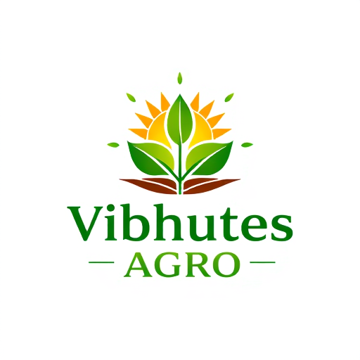 Professional logo design. An emblem for "Vibhutes Agro" — a stylized, interlocking arrangement of a growing seedling and a sun, forming a circular crest, vibrant greens and earthy browns, natural, organic sans-serif font, inspired by traditional agricultural symbols and modern eco-friendly aesthetics, with intricate linework and subtle textures, on a transparent background.