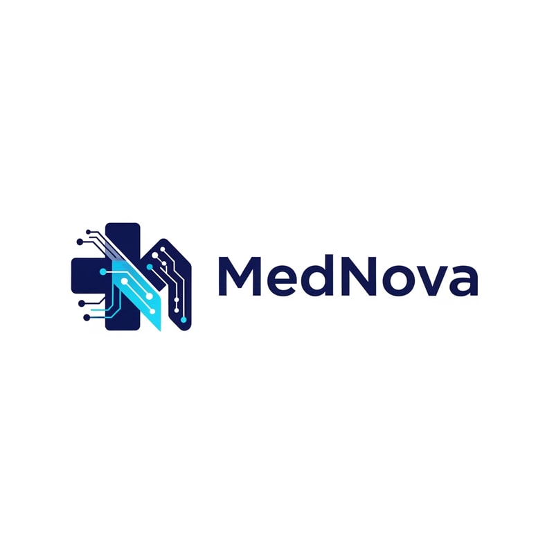 Design a modern, professional healthcare logo for a brand named “MedNova”.
The logo should feel clean, futuristic, and trustworthy, suitable for a medical hospital or healthcare platform.

Use a medical symbol such as a cross, heartbeat line, stethoscope, or abstract human care icon, combined subtly with a modern tech-inspired element to represent innovation.

Color palette: deep navy blue, medical blue, white, with optional soft cyan accents.

Style: minimal, flat, premium, scalable for website header, mobile app, and branding.

Typography: modern sans-serif, bold but friendly, high readability.

Background: transparent or white.

No mockups, no 3D — clean vector-style logo.