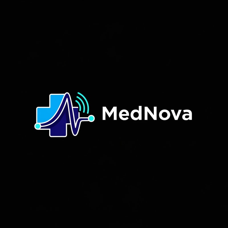 Design a modern, professional healthcare logo for a brand named “MedNova”, optimized for use on a black or very dark background.

The logo should feel clean, futuristic, and trustworthy, suitable for a medical hospital, healthcare platform, or health-tech company.

Incorporate a medical symbol such as a cross, heartbeat line, stethoscope, or abstract human-care icon, subtly blended with a modern tech-inspired element to represent innovation and progress.

Color palette: medical blue, deep navy blue, white, with optional soft cyan accents for highlights.

The logo must have strong contrast against a black background, with white or light-colored elements clearly visible.

Style: minimal, flat, premium, clean vector design — no gradients, no shadows.

Typography: modern sans-serif, bold but friendly, high readability, professional healthcare branding.

Background: solid black or transparent.

No mockups, no 3D effects, no textures — pure vector-style logo, suitable for website header, mobile app icon, and branding.