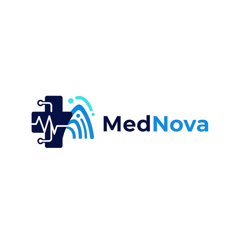 Design a modern, professional healthcare logo for a brand named “MedNova”.
The logo should feel clean, futuristic, and trustworthy, suitable for a medical hospital or healthcare platform.
Use a medical symbol such as a cross, heartbeat line, stethoscope, or abstract human care icon, combined subtly with a modern tech-inspired element to represent innovation.
Color palette: deep navy blue, medical blue, white, with optional soft cyan accents.
Style: minimal, flat, premium, scalable for website header, mobile app, and branding.
Typography: modern sans-serif, bold but friendly, high readability.
Background: transparent or white.
No mockups, no 3D — clean vector-style logo.