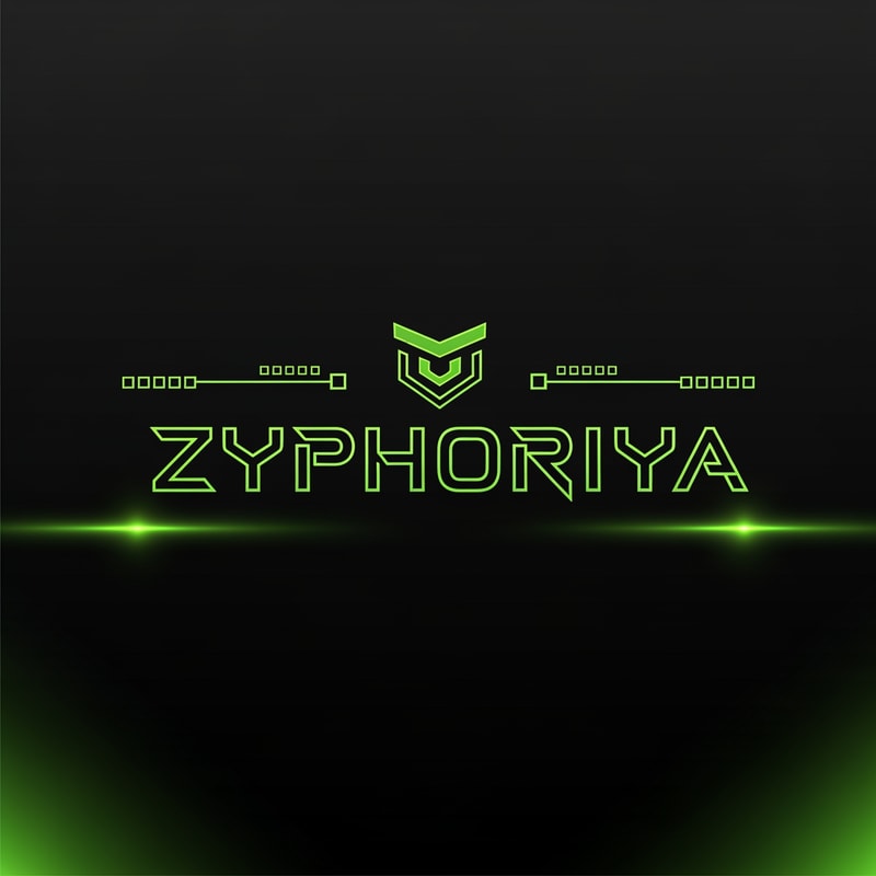 A futuristic, high-tech esports logo featuring the text "ZyphoRiya". The typography is a custom, sharp-edged sci-fi font with glowing neon lime green (#CCFF00) outlines against a deep matte black background. Above the text, include a minimalist, stylized geometric emblem reminiscent of a robotic eye or a digital "Z" shield. Flanking the logo are thin, tech-inspired horizontal accent lines with small square data-bit nodes, exactly like the aesthetic of a gaming UI footer. The lighting features a vibrant neon glow, "toxic green" energy flares, and a clean, vector-style finish. High contrast, cinematic tech aesthetic, 8k resolution, sleek and professional.

Key Style Elements to Maintain
To make sure the generator captures the exact vibe of your uploaded file, I've focused on these specific traits:

Color Palette: I specified "Neon Lime Green" and "Toxic Green" to match that high-visibility chartreuse color in your SVG.

The "Footer" Accents: I included the "horizontal accent lines with small square data-bit nodes" to replicate the specific decorative elements on the left and right of your original image.

Typography: Since the original has a bold, blocky, and angular feel, the prompt asks for "sharp-edged sci-fi" lettering.