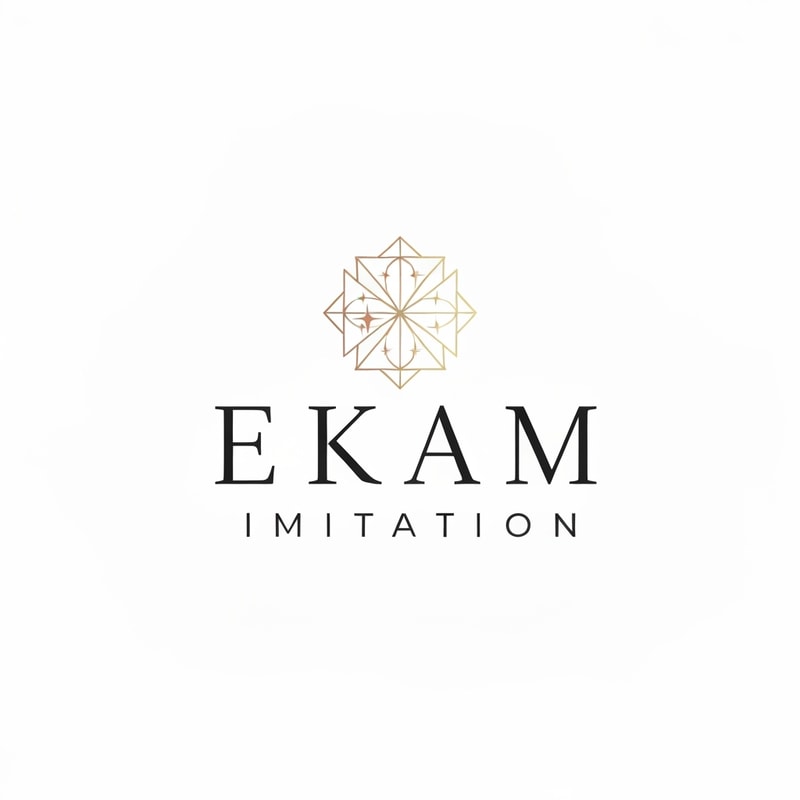 Professional logo design. Minimalist logo for a jewellery imitation company named "Ekam Imitation": Abstract representation of a subtle sparkle or a delicate geometric pattern, subtle gold, rose gold, and soft white color palette, elegant and modern serif or a clean sans-serif typeface. Design with a contemporary and sophisticated influence and style direction, visual execution focusing on fine lines and negative space, and a clean white background.