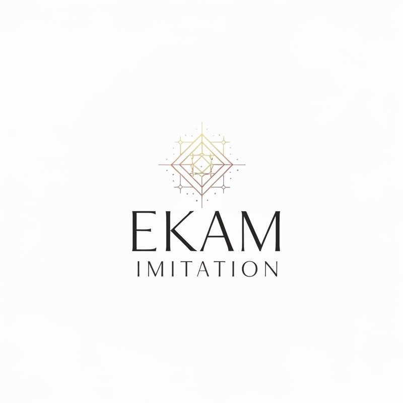 Professional logo design. Minimalist logo for a jewellery imitation company named "Ekam Imitation": Abstract representation of a subtle sparkle or a delicate geometric pattern, subtle gold, rose gold, and soft white color palette, elegant and modern serif or a clean sans-serif typeface. Design with a contemporary and sophisticated influence and style direction, visual execution focusing on fine lines and negative space, and a clean white background.